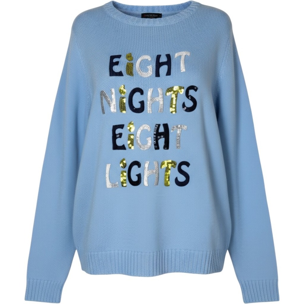 Holiday Lane Womens Hanukkah Sweater Eight Nights Eight Lights Blue Sequin L